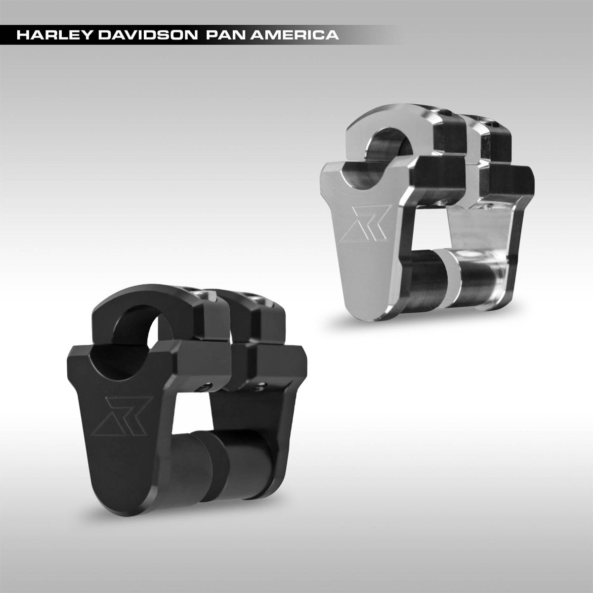 Two ROX Speed pivot risers, one black and one silver, on a gray background with 'Harley Davidson Pan America' branding.
