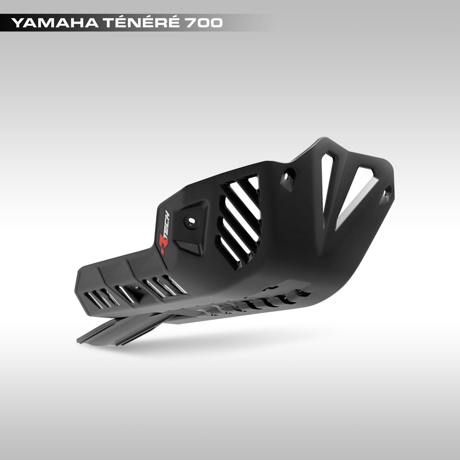 A black RTECH skid plate designed for the Yamaha Tenere 700 motorcycle. The plate is vented and follows the shape of the engine cases, with cutouts for cooling and aesthetics. Image labeled to show it is for the T7.