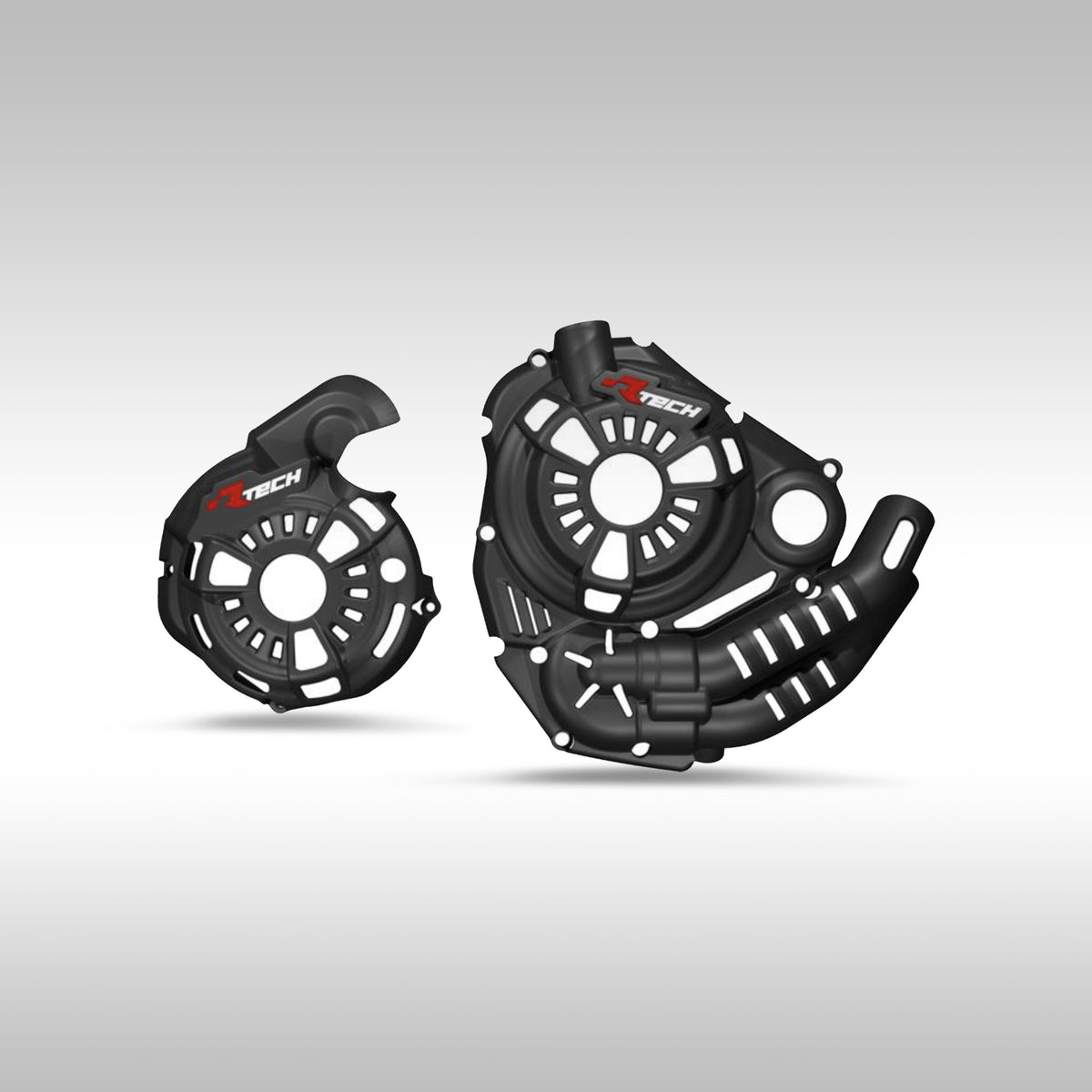 Two pieces of RTECH engine case protector designed for the Yamaha Tenere 700 motorcycle. They are displayed against a grey background and appear to be made of a black anti-shock polymer.