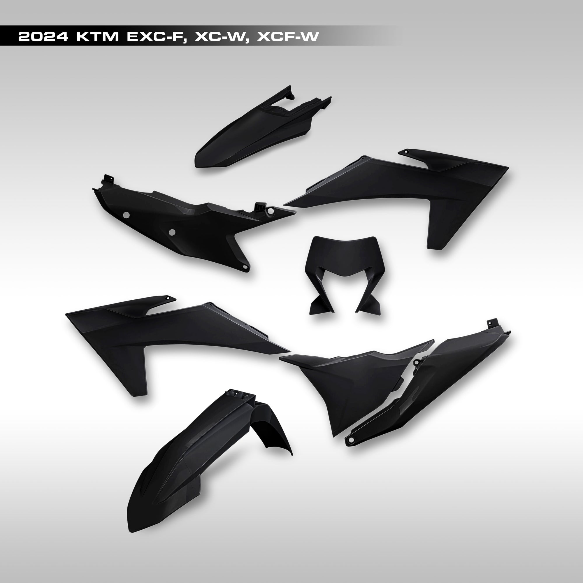 A set of black RTech plastic body parts kit for 2024–2025 KTM EXC-F, XC-W, XCF-W motorcycles, including front fender, rear fender, left and right radiator shroud, airbox cover, and side panels.