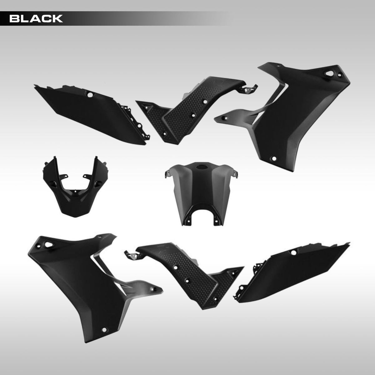 Black RTech Revolution plastic kit for 2019 - 2024 Yamaha Tenere 700. Available in 14 color options.