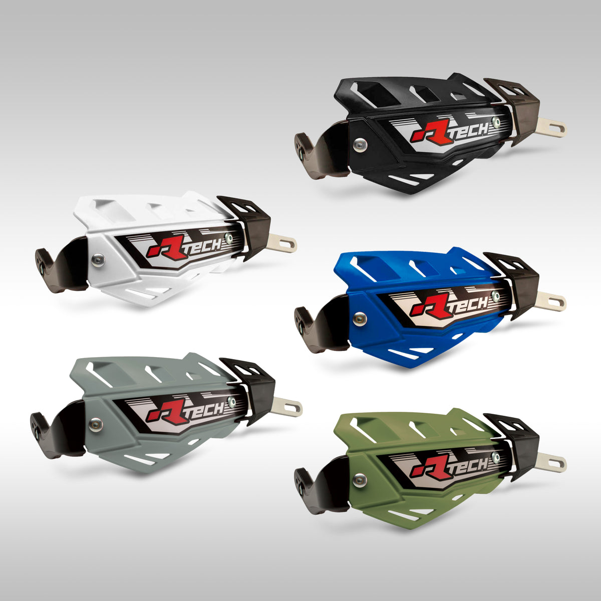 Five R-Tech FLX hand guards in different colors on a gray background