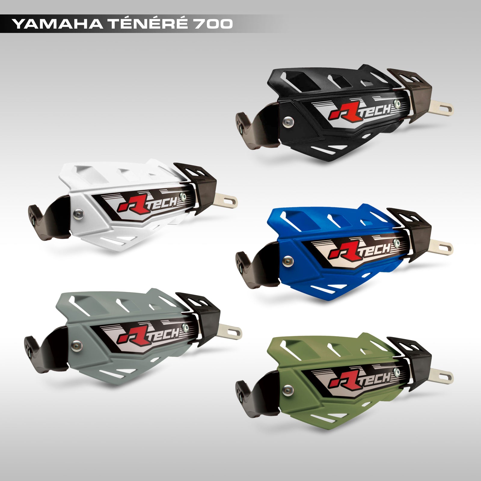 Five RTech FLX handguards in different colors on a gray background with Yamaha Ténèré 700 branding.