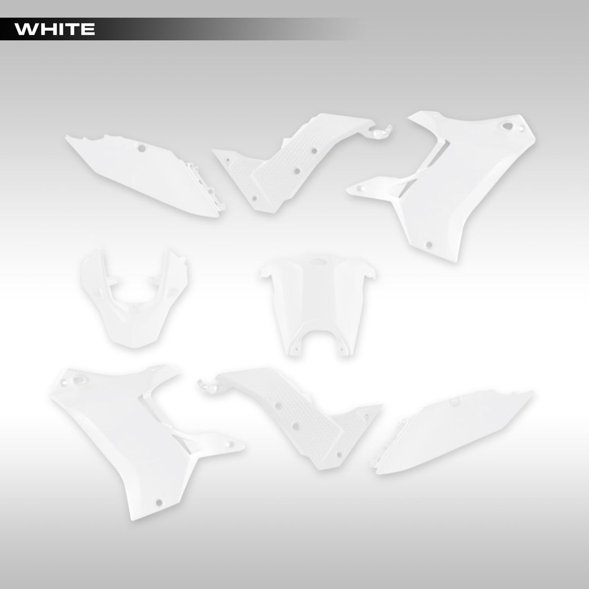 White RTech Revolution plastic kit for 2019 - 2024 Yamaha Tenere 700. Available in 14 color options.