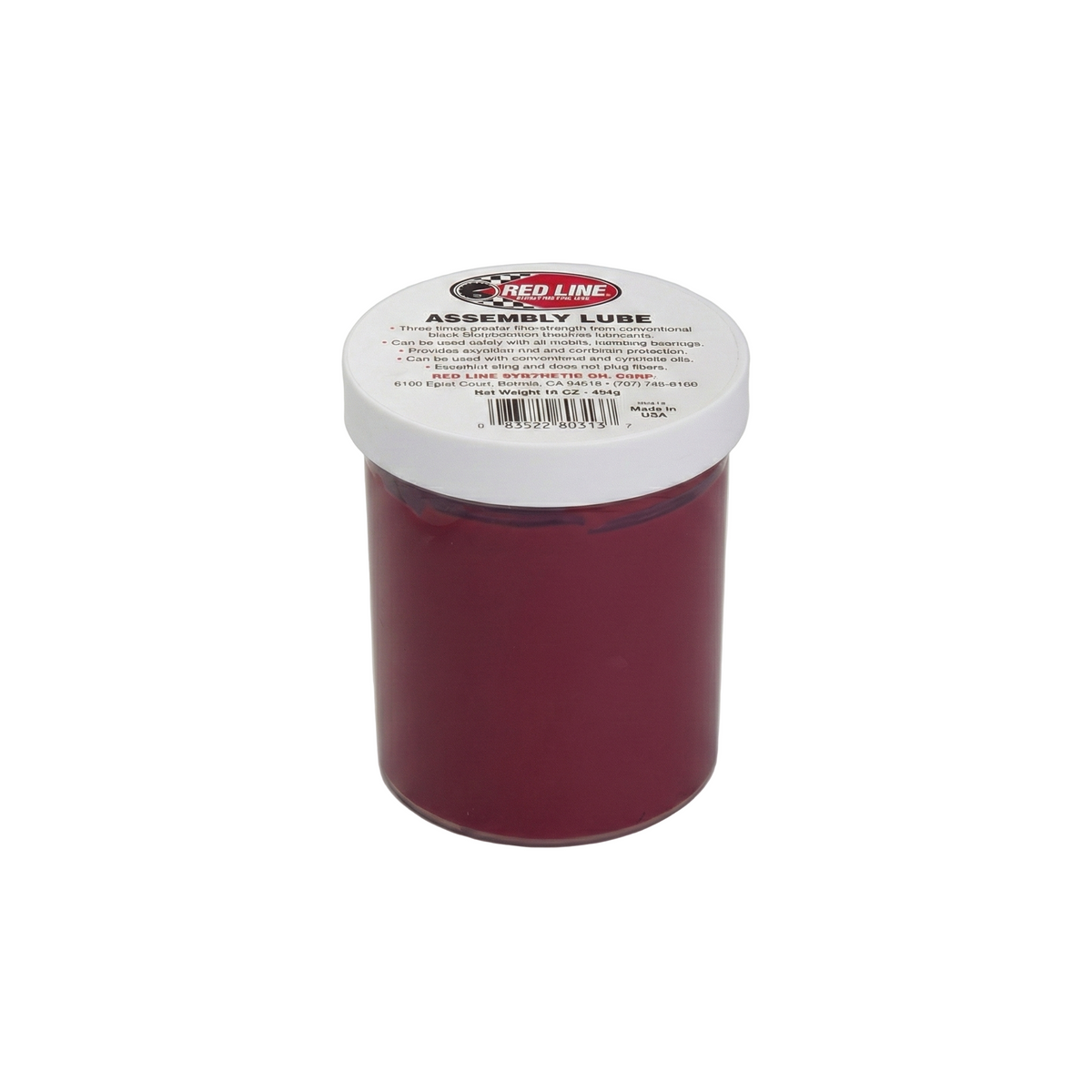 Red Line assembly lube container with a white lid on a gray background