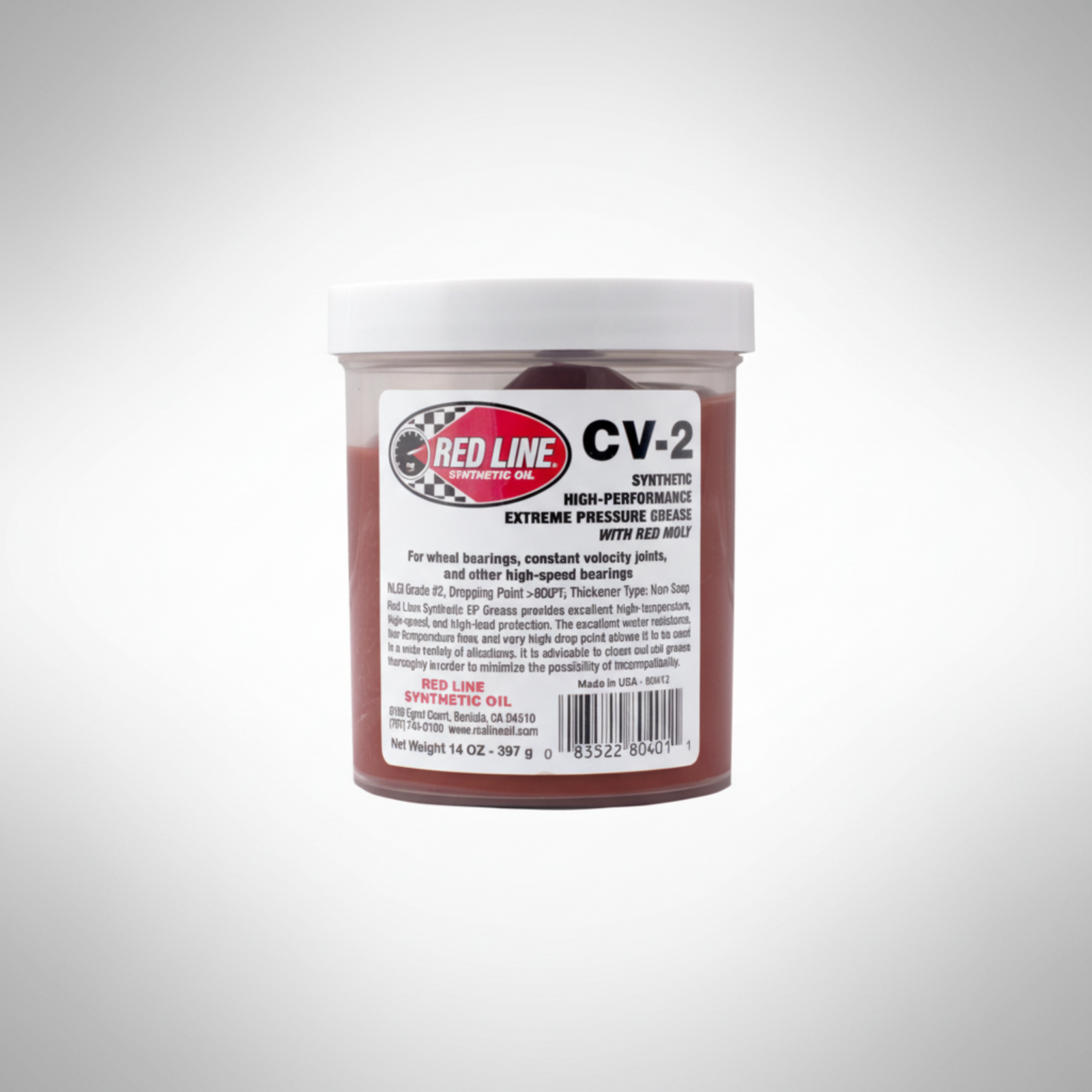 14oz jar of Red Line CV-2 synthetic grease on a gray background