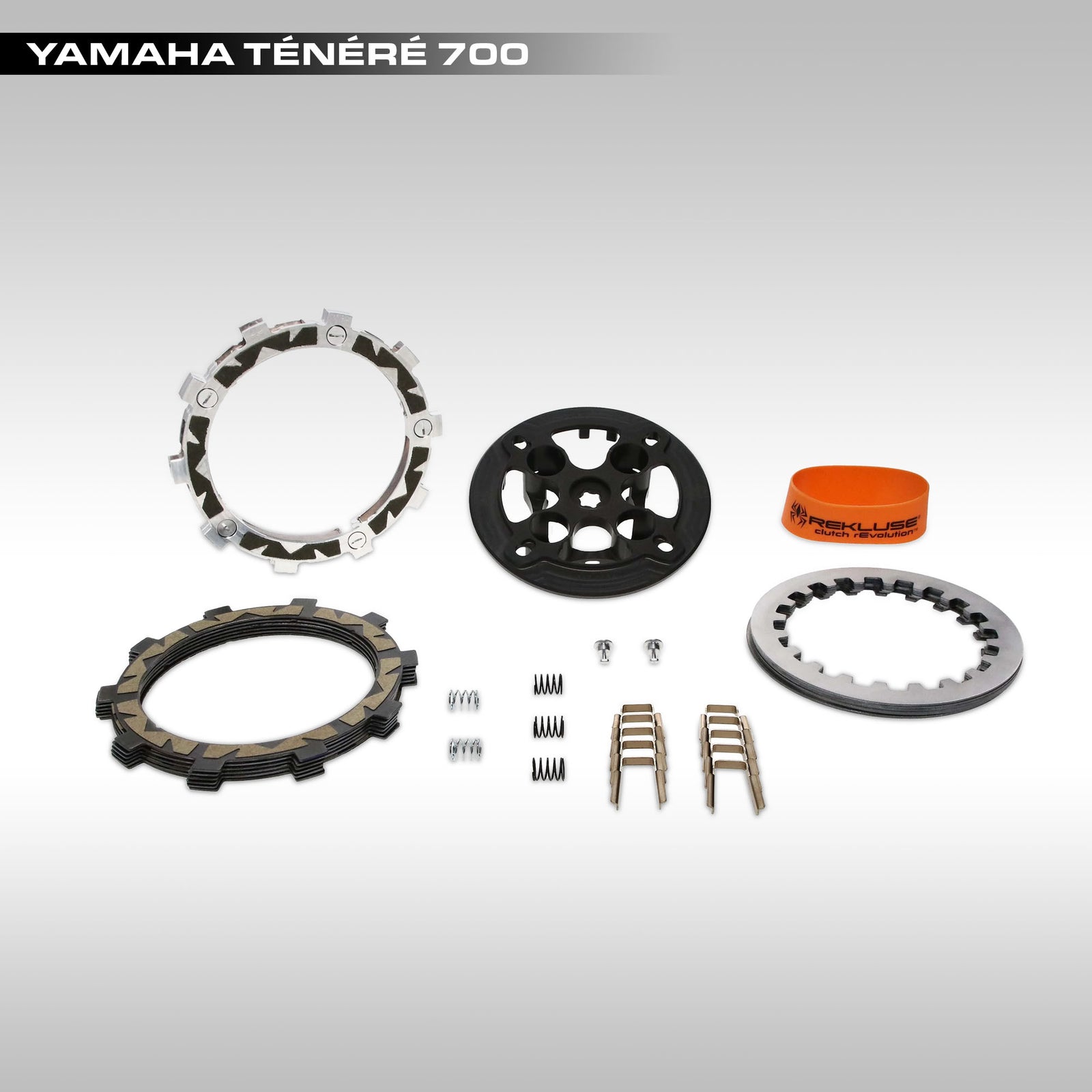 Yamaha Ténéré 700 clutch components on a gray background