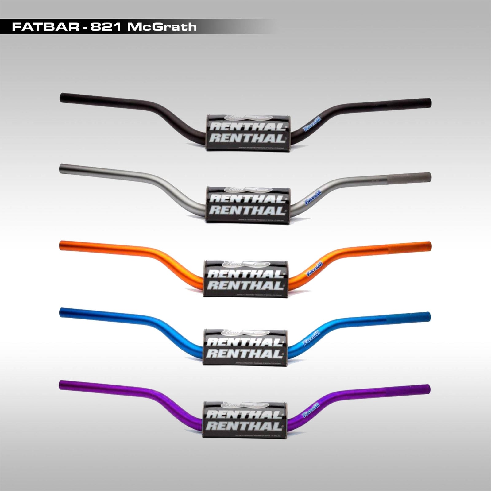 Set of Renthal handlebars in black, orange, blue, and purple on a gray background.