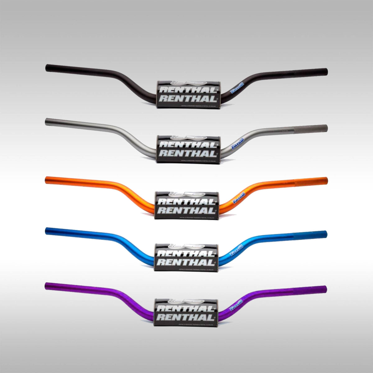 Set of Renthal handlebars in black, orange, blue, and purple on a gray background