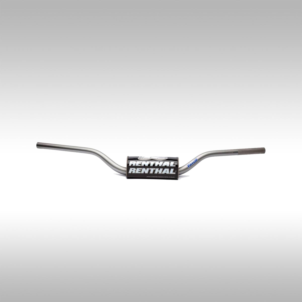 Gray metal handlebar with Renthal logo on a white background
