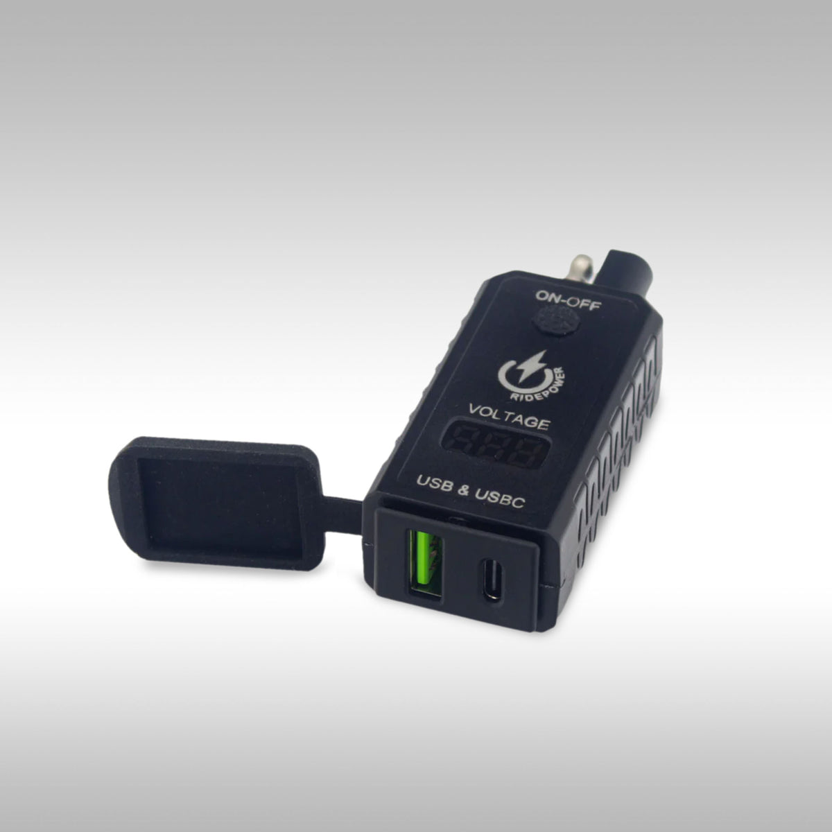 RidePower SAE To USB-A USB-C Outlet With Voltage Display on gray background
