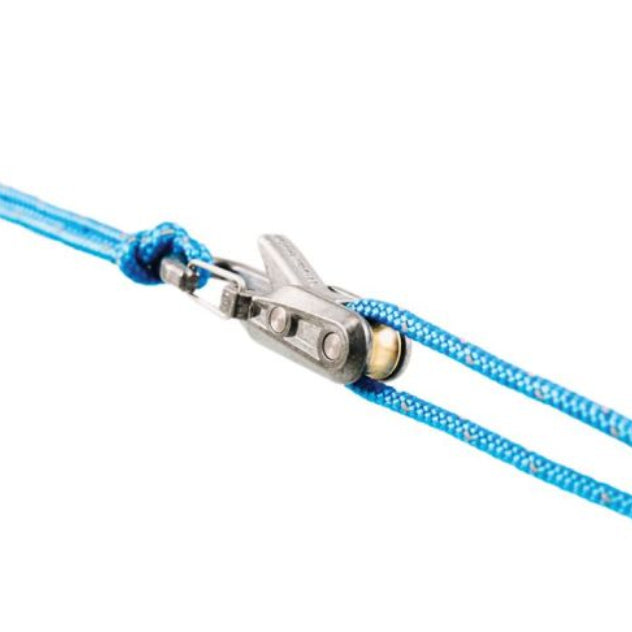 Blue rope with a metal roller cam on a white background