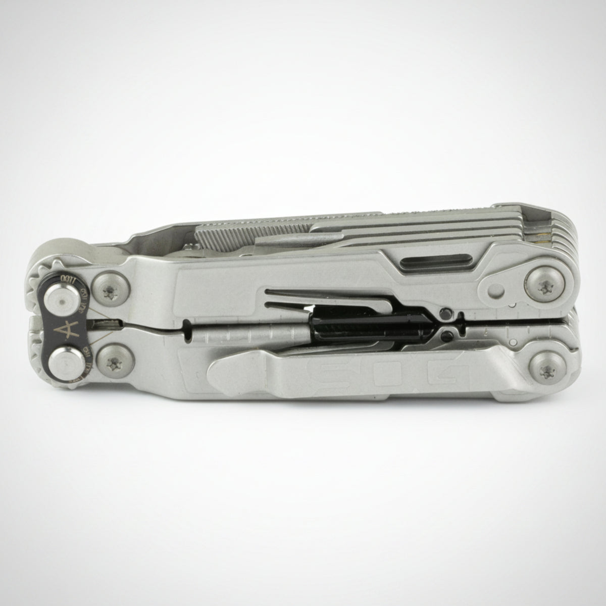 SOG PowerPint stainless steel mini multi-tool showing compound leverage pliers, folding knives, and integrated tools.