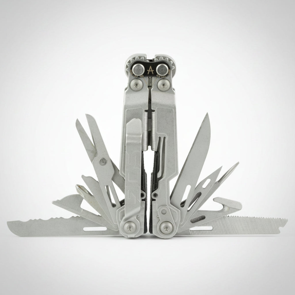 SOG PowerPint stainless steel mini multi-tool showing compound leverage pliers, folding knives, and integrated tools.