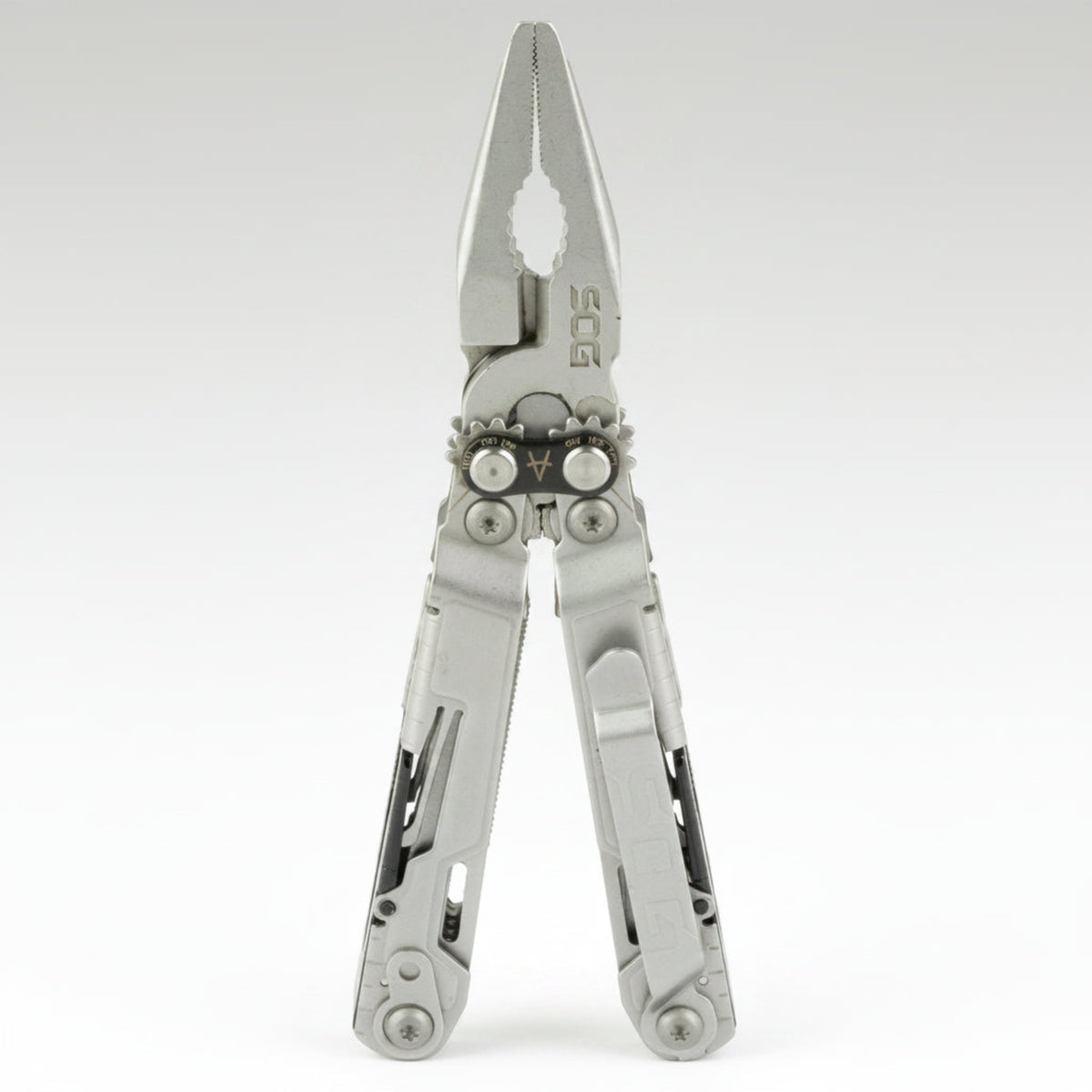 SOG PowerPint stainless steel mini multi-tool showing compound leverage pliers, folding knives, and integrated tools.