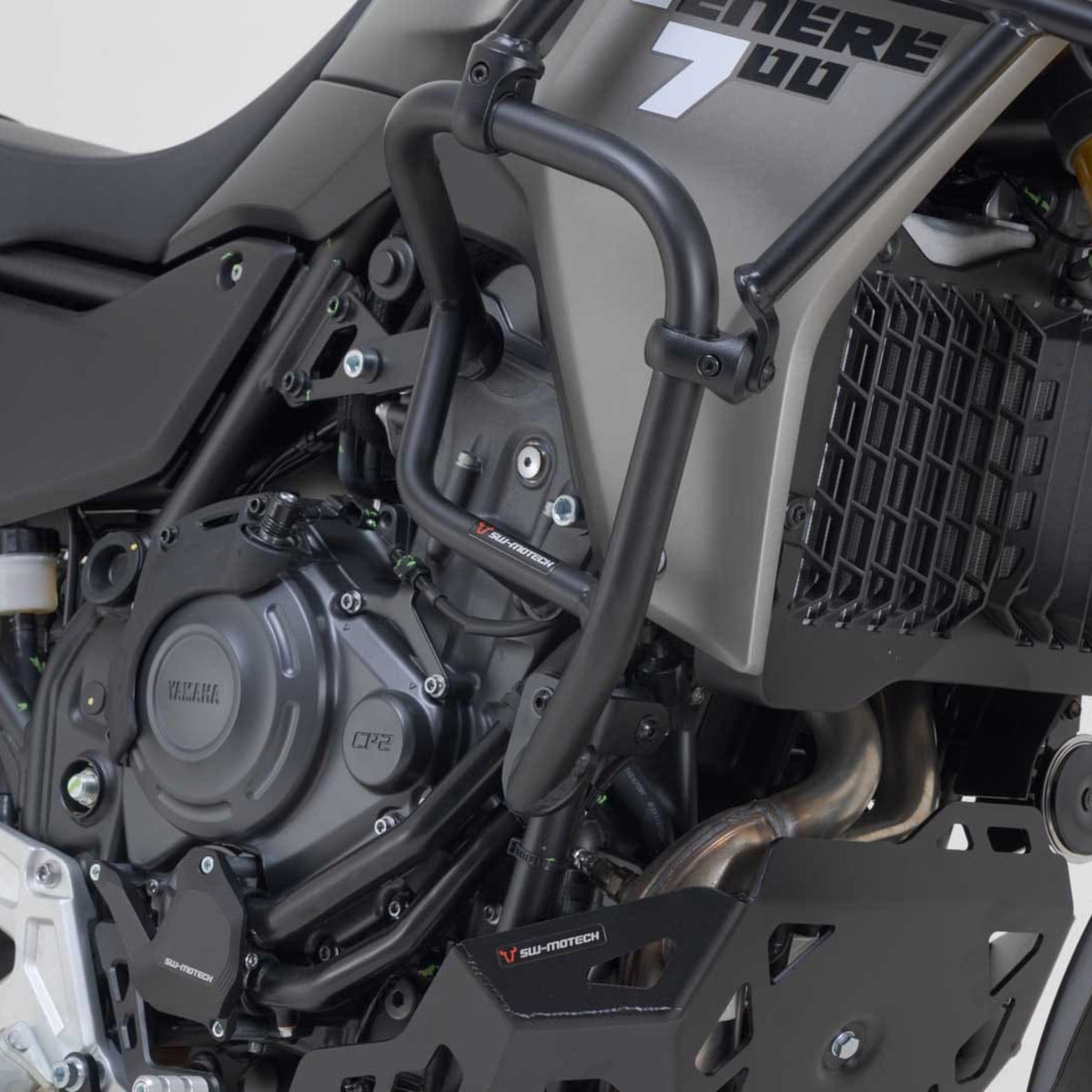SW-Motech black tubular steel crash bars installed on a Yamaha Tenere 700.