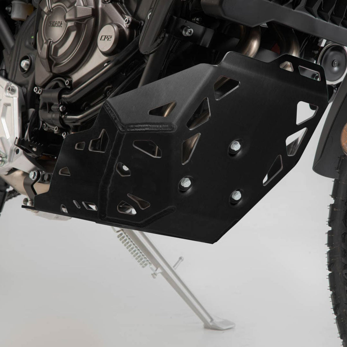 SW-MOTECH 4mm aluminum skid plate installed on a Yamaha Tenere 700 adventure motorcycle.