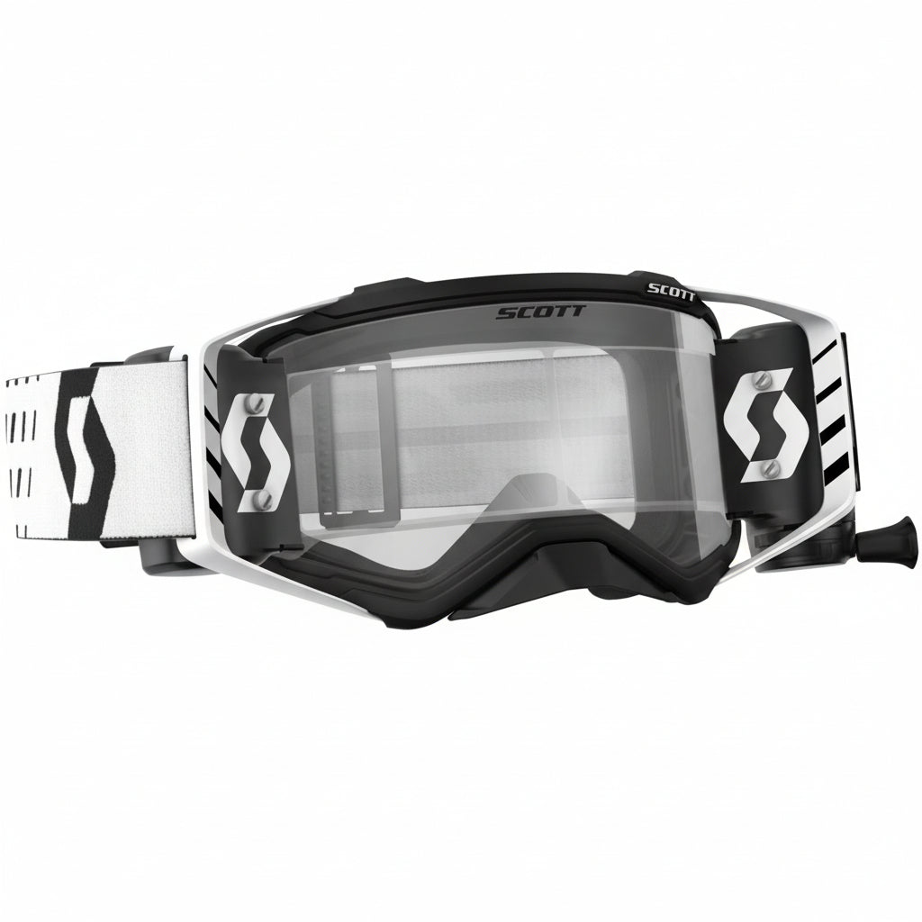 Scott goggles with black and white strap design on a white background