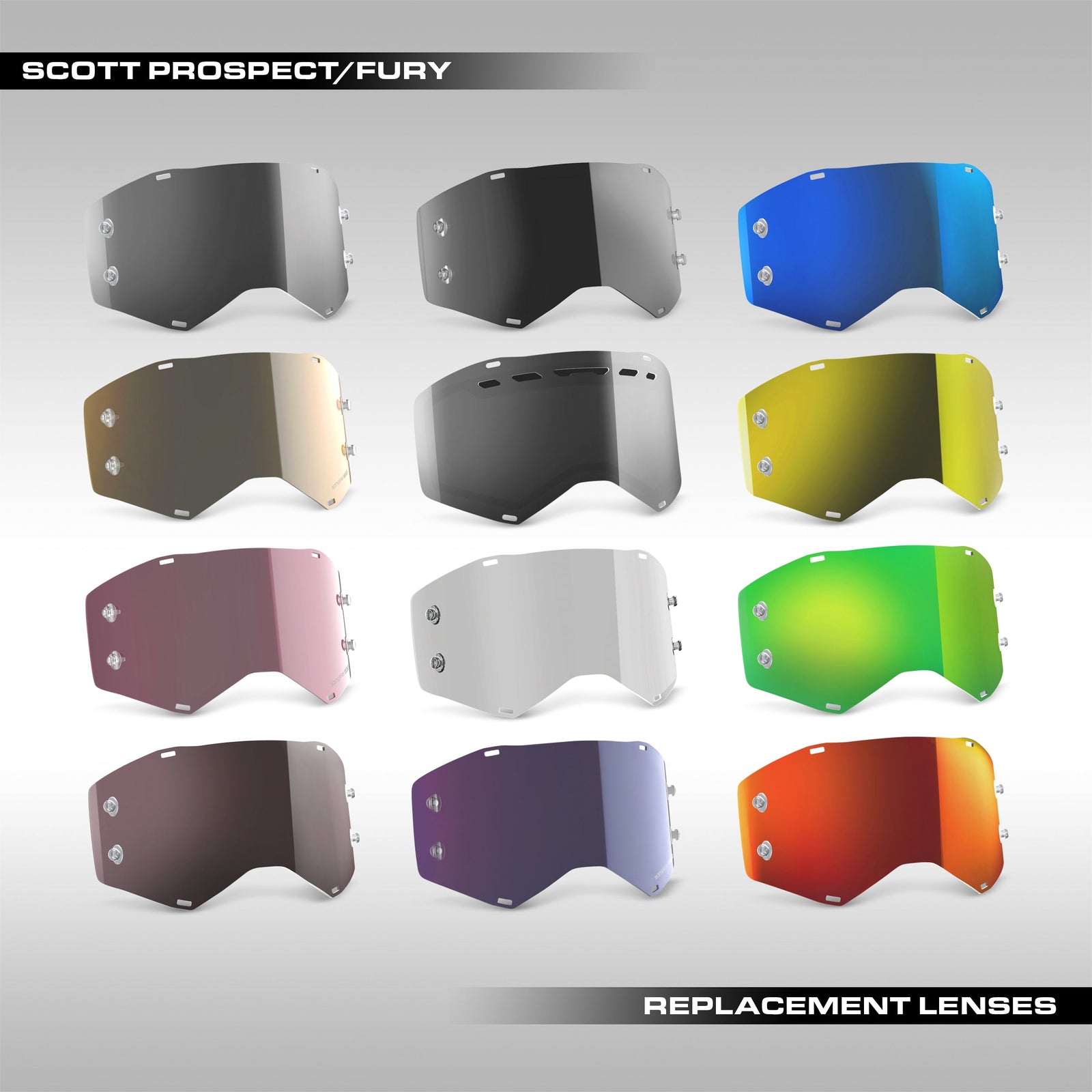 Collection of Scott Prospect/Fury replacement lenses in various colors on a gray background.