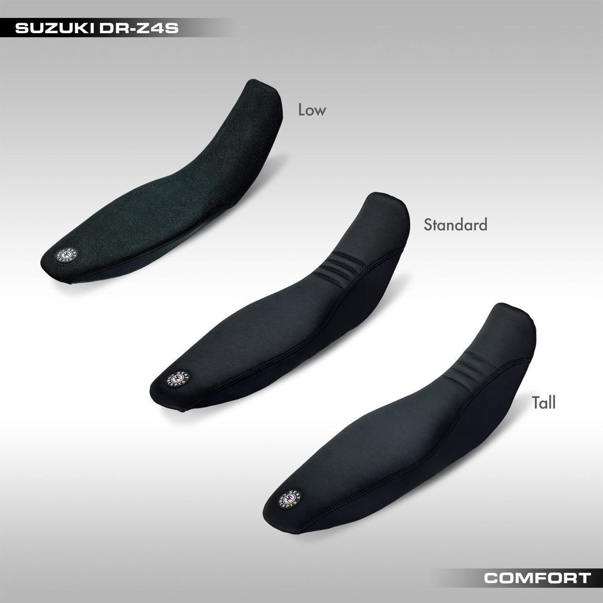 Three Seat Concepts Comfort Seats labeled 'Low', 'Standard', and 'Tall' on a gray background with Suzuki DR-Z46 branding.