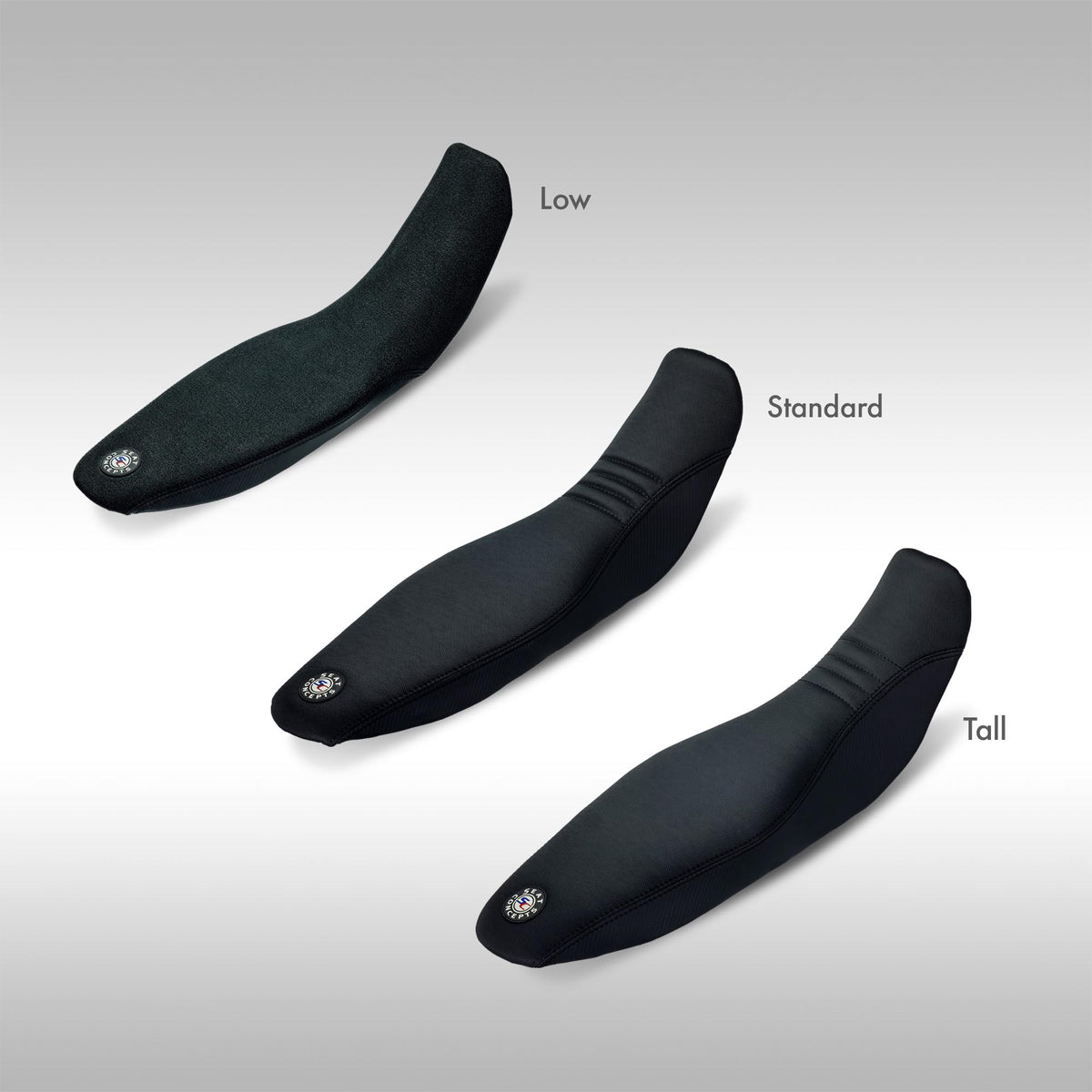 Three Seat Concepts Comfort Seats labeled 'Low', 'Standard', and 'Tall' on a gray background.
