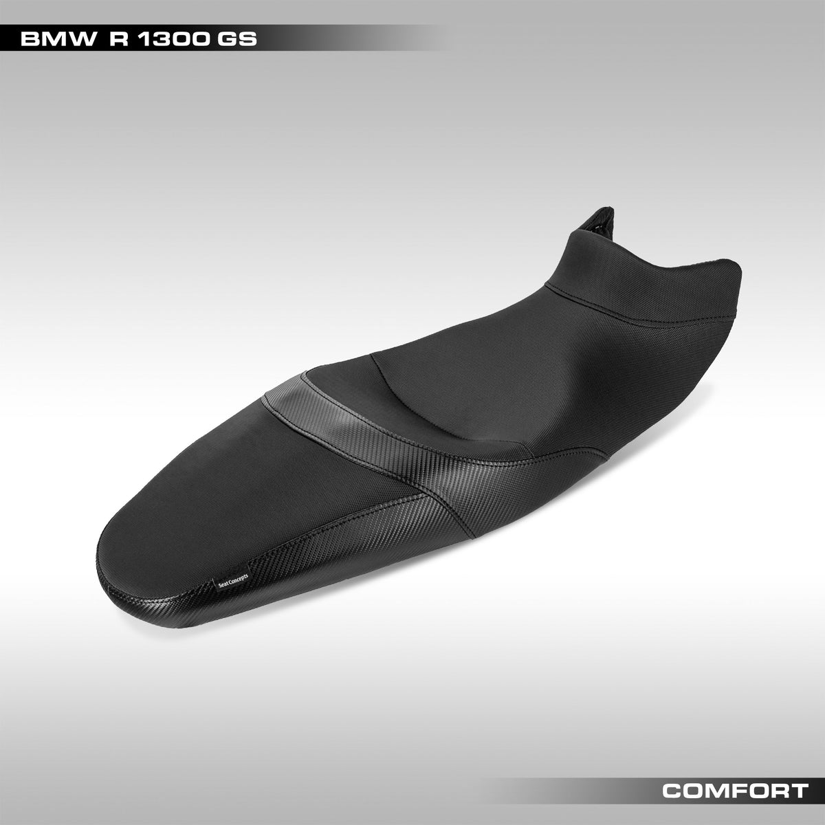 Black comfort seat from Seat Concepts for the BMW R 1300 GS on a gray background