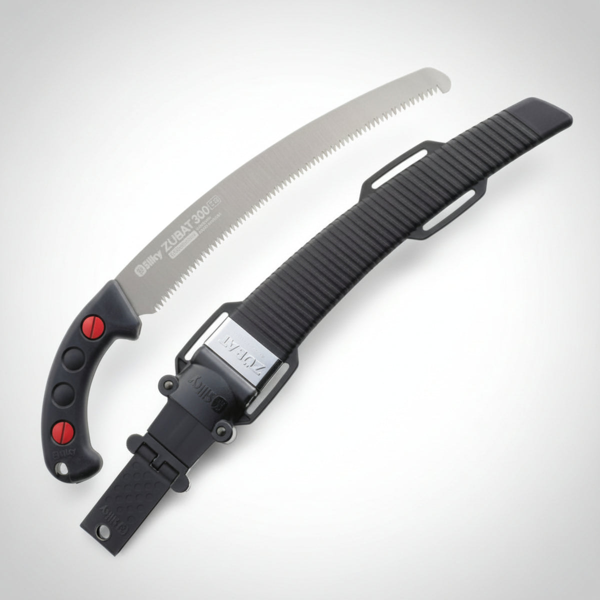 Black pruning saw with a silver blade on a gray background