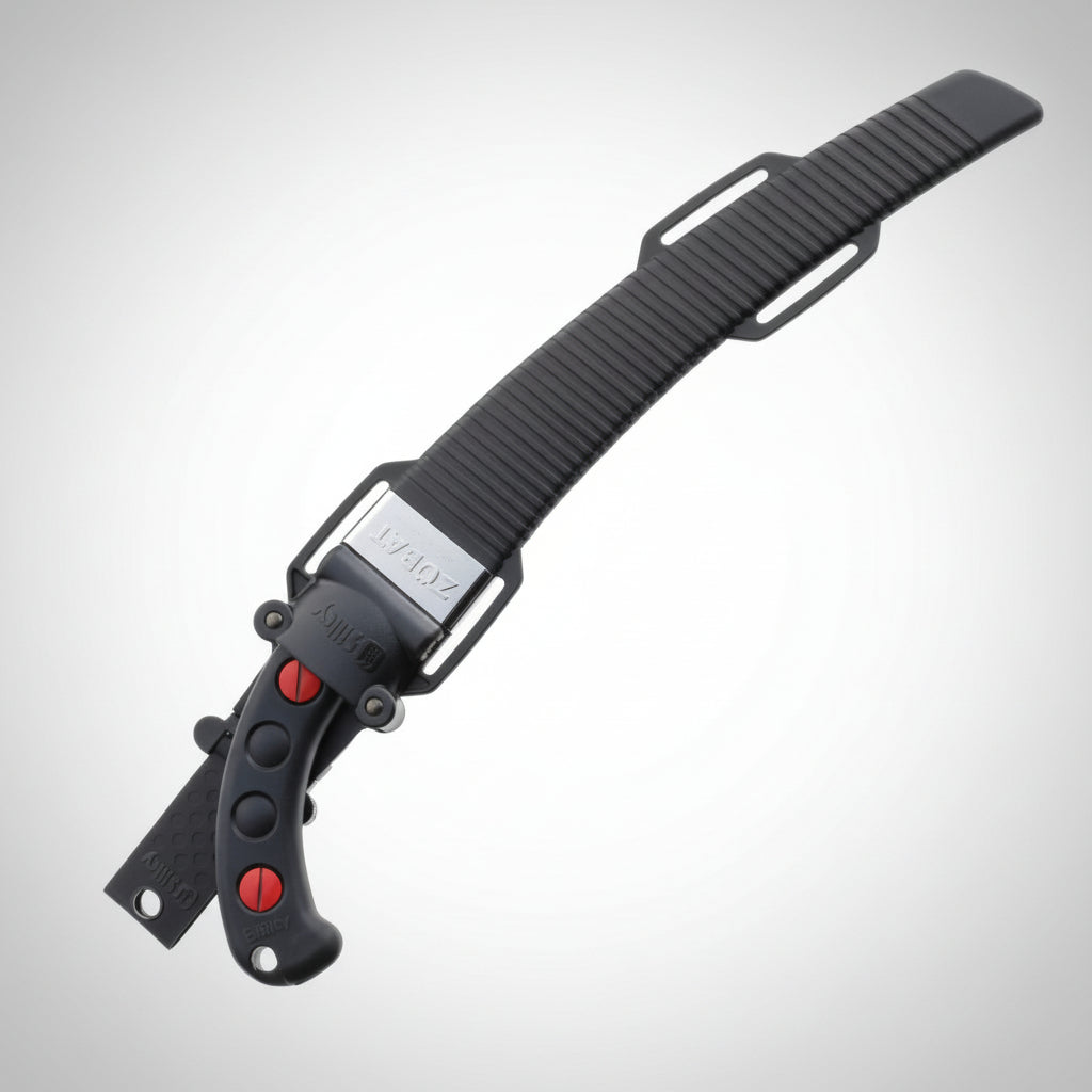 Black Silky Saw with a textured handle on a gray background