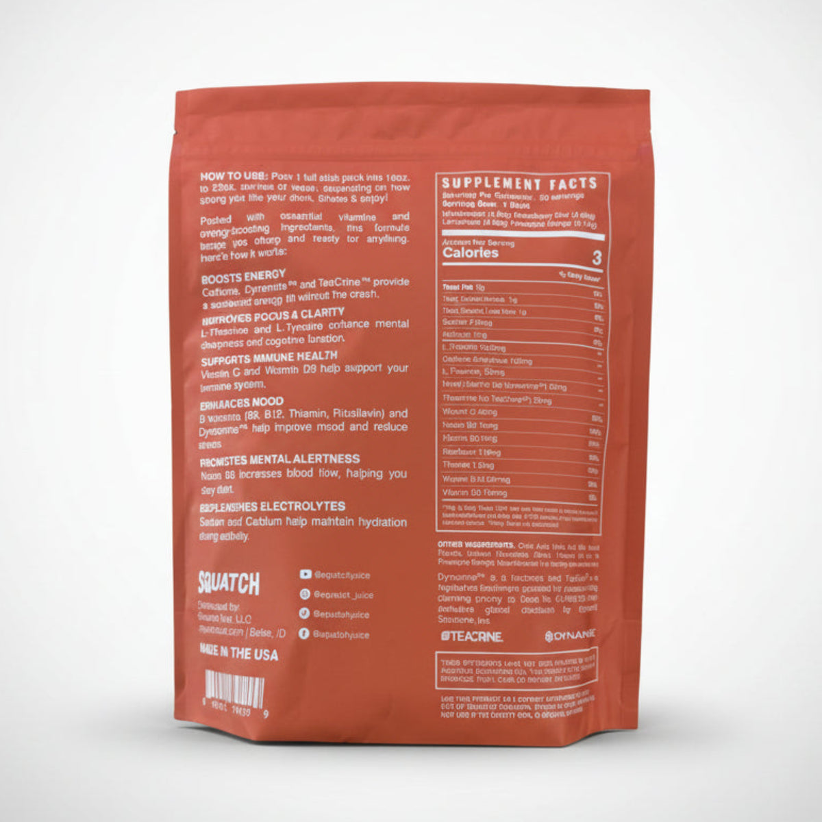 Back panel for the 30-pack pouch of Squatch Juice Energy + Focus stick packs for off-road riding hydration.