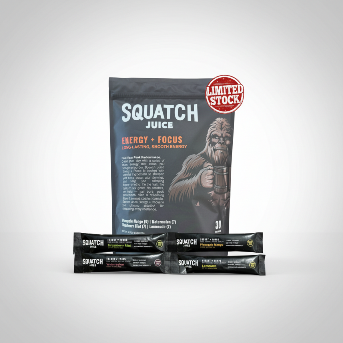 A 30-pack pouch of Squatch Juice Energy + Focus stick packs for off-road riding hydration.