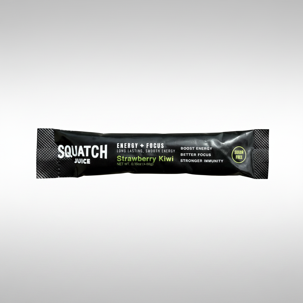 Squatch Juice Strawberry Kiwi energy stick pack on a white background