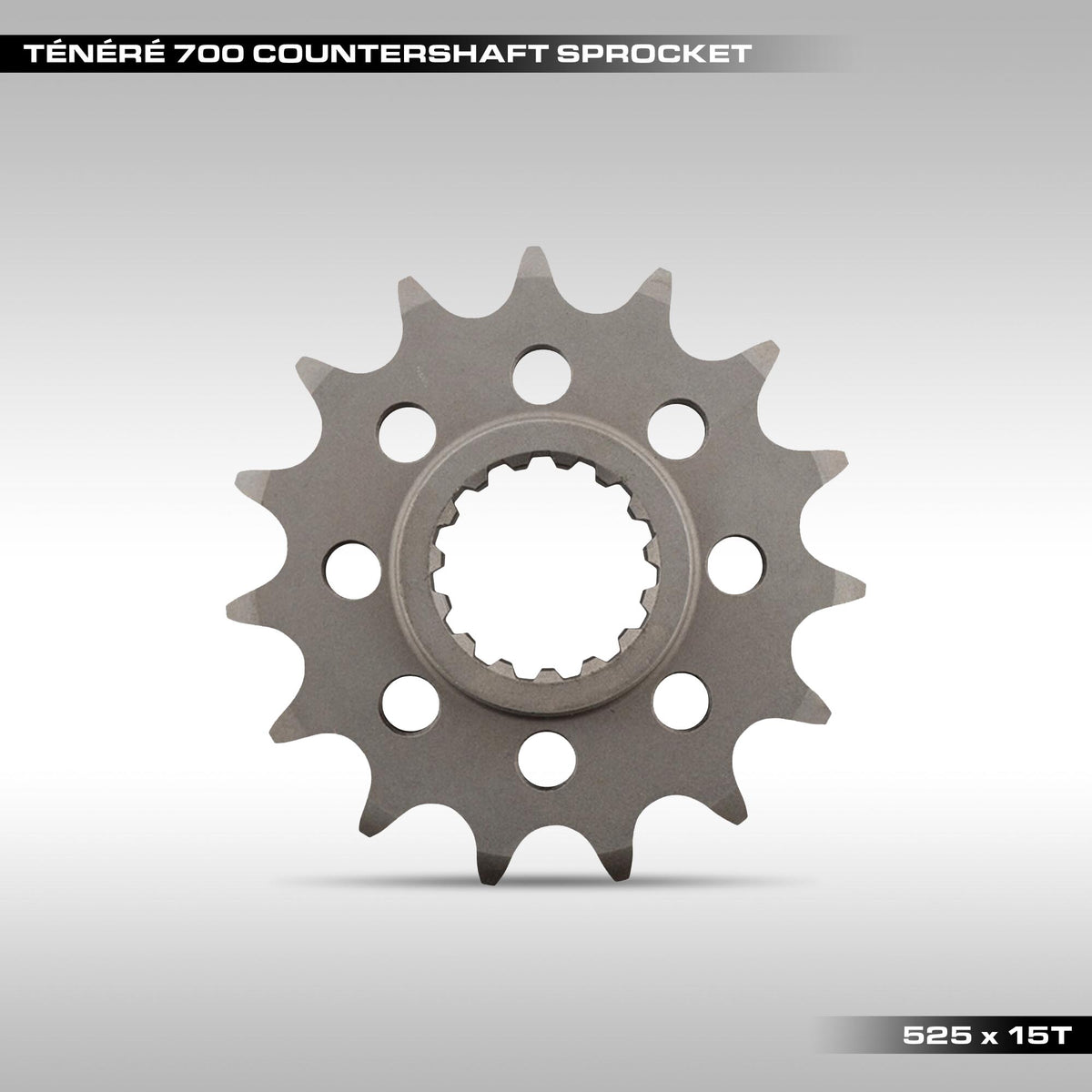 Motorcycle countershaft sprocket on a gray background with text indicating model and specifications.