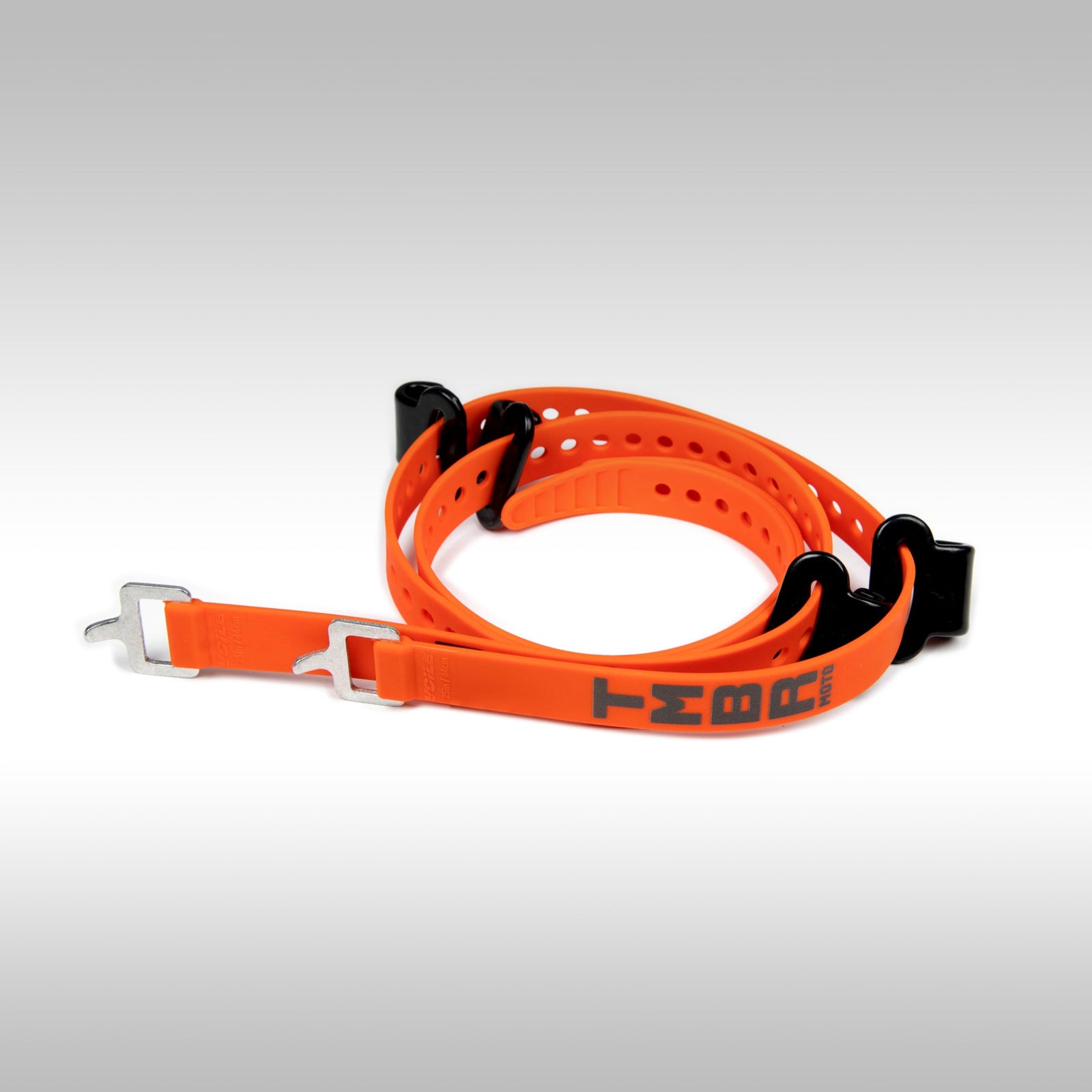 TMBR MOTO fender strap kit in orange with a green TMBR logo and black hooks on a light gray background
