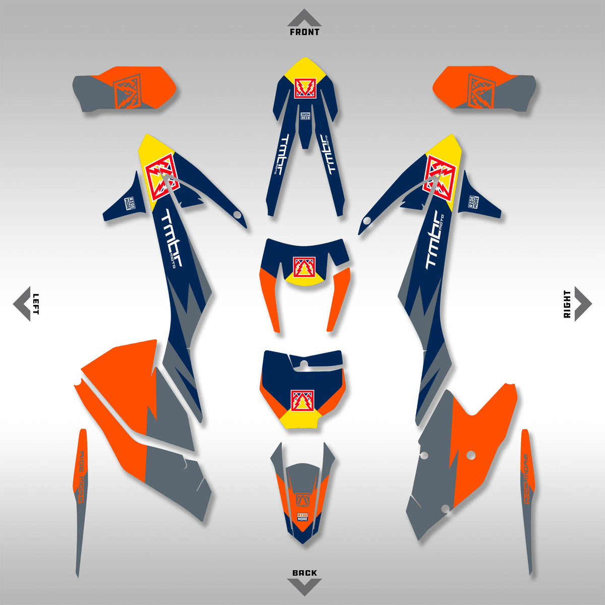 Motorcycle graphics design with orange, blue, and gray colors on a gray background