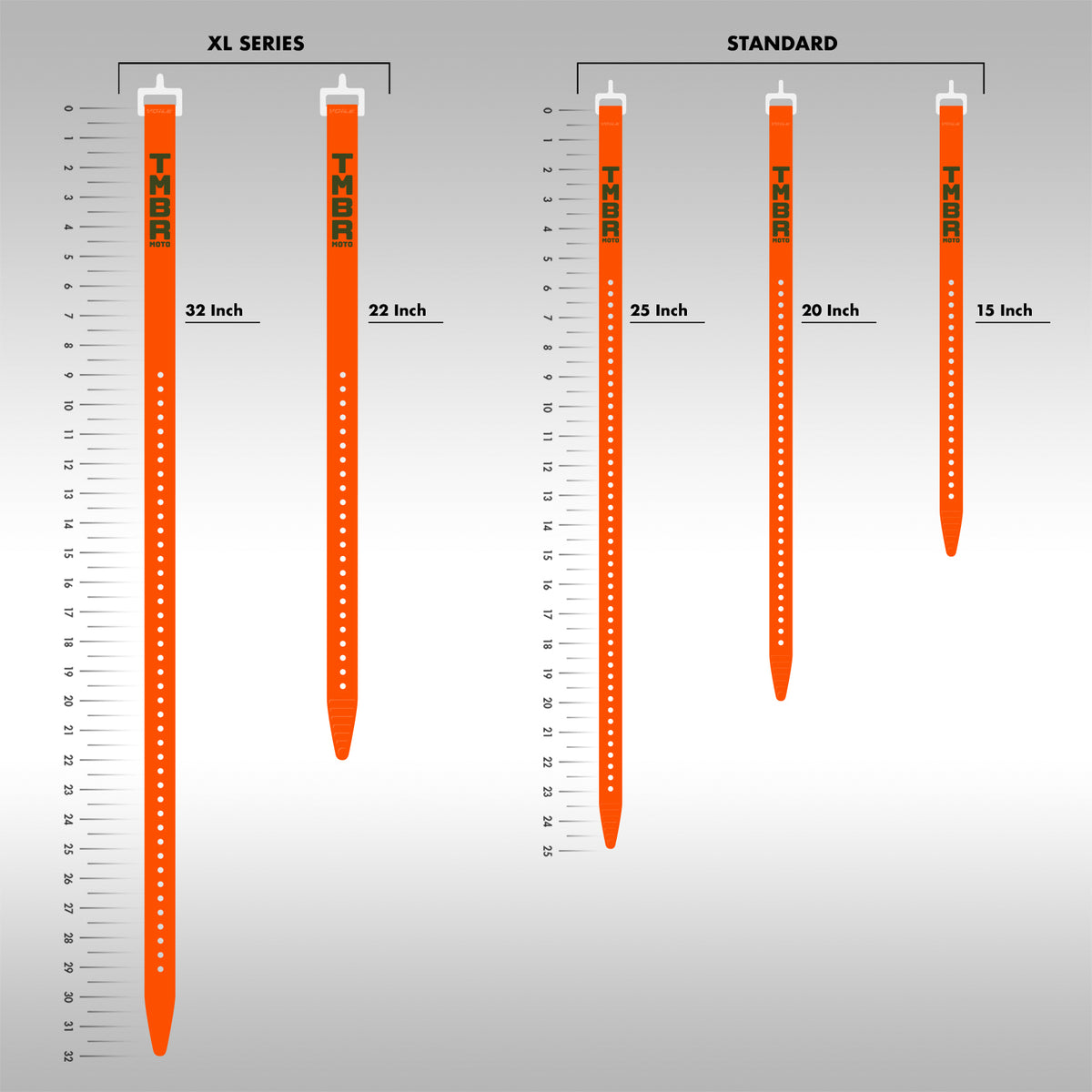 Comparison chart of TMBR MOTO Utility Straps in XL Series and Standard sizes on a gray background.