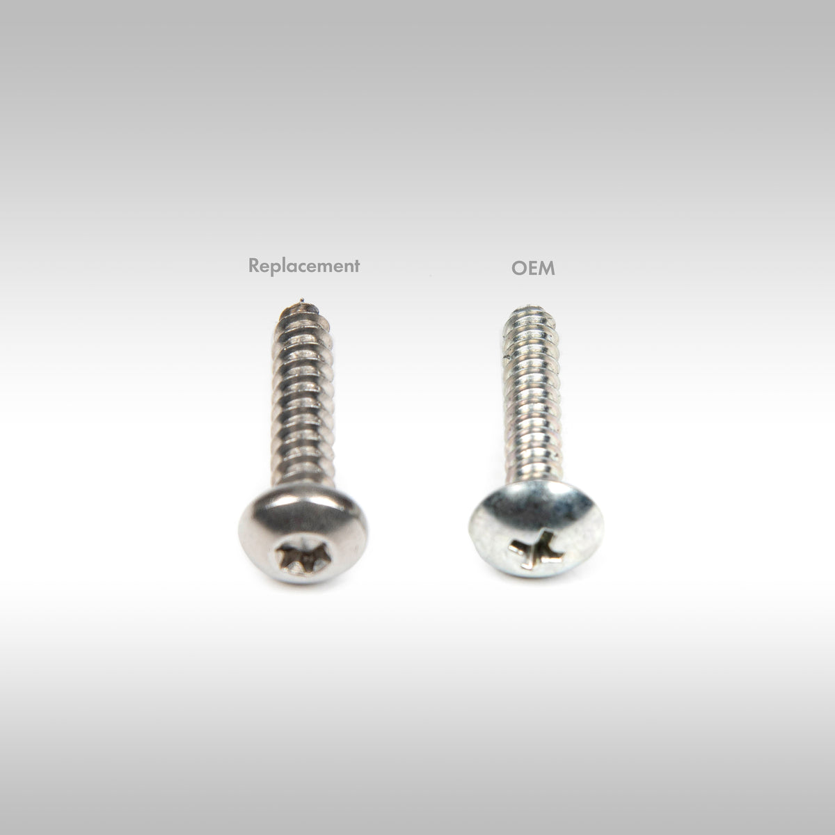 Two screws labeled &#39;Replacement&#39; and &#39;OEM&#39; on a light gray background