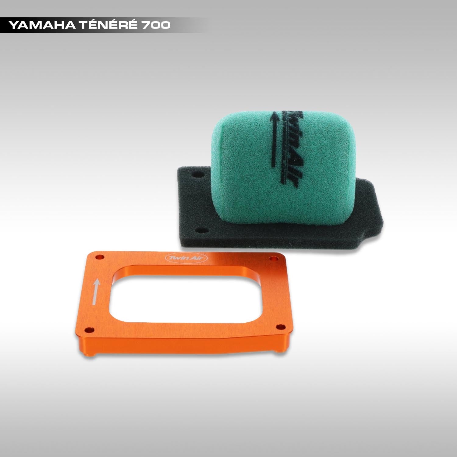 Twin Air pre-filter kit for Yamaha Ténéré 700. Pre-oiled foam filer and anodized aluminum mount plate on a gray background.