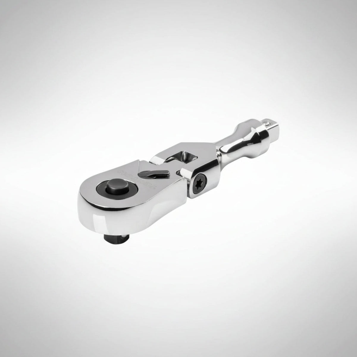 Tekton SRH38003 1/4-inch drive flex head stubby ratchet showing the 90-tooth head and the handle tang.