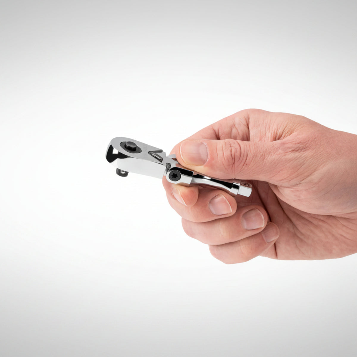 Tekton SRH38003 1/4-inch drive flex head stubby ratchet showing the 90-tooth head and the handle tang.