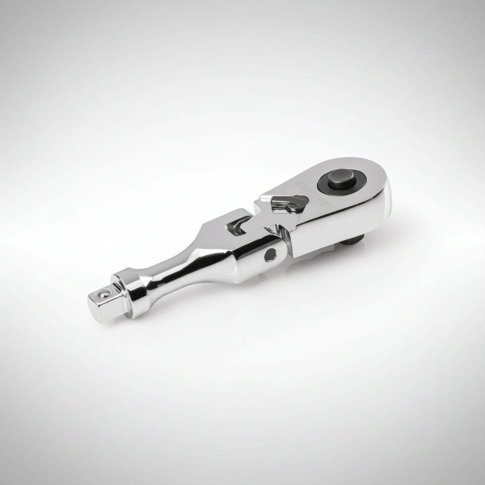 Tekton SRH38003 1/4-inch drive flex head stubby ratchet showing the 90-tooth head and the handle tang.