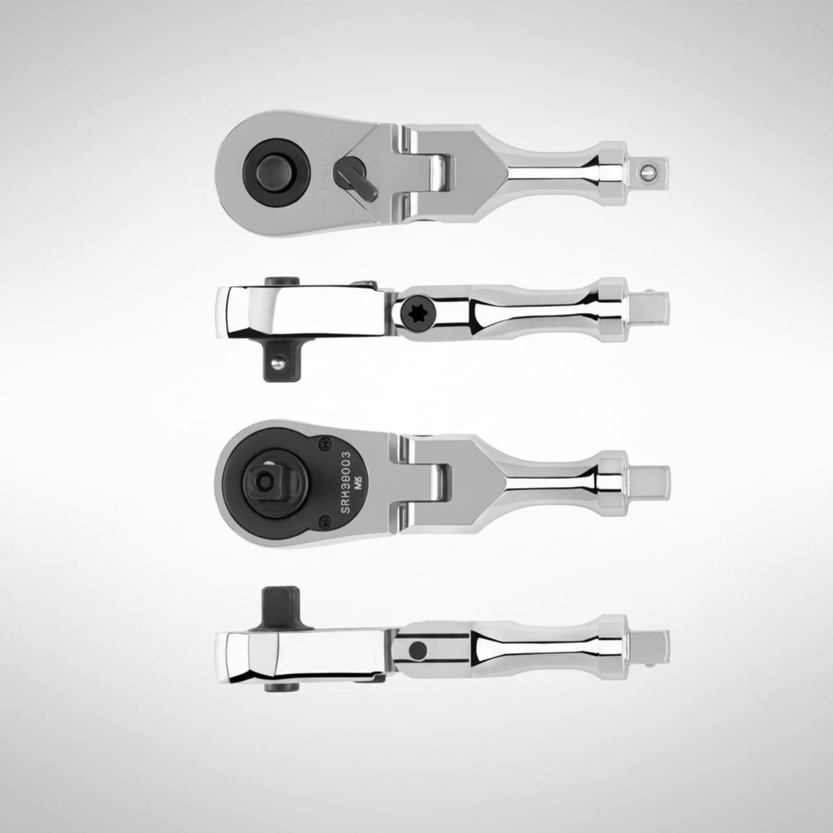 Tekton SRH38003 1/4-inch drive flex head stubby ratchet showing the 90-tooth head and the handle tang.