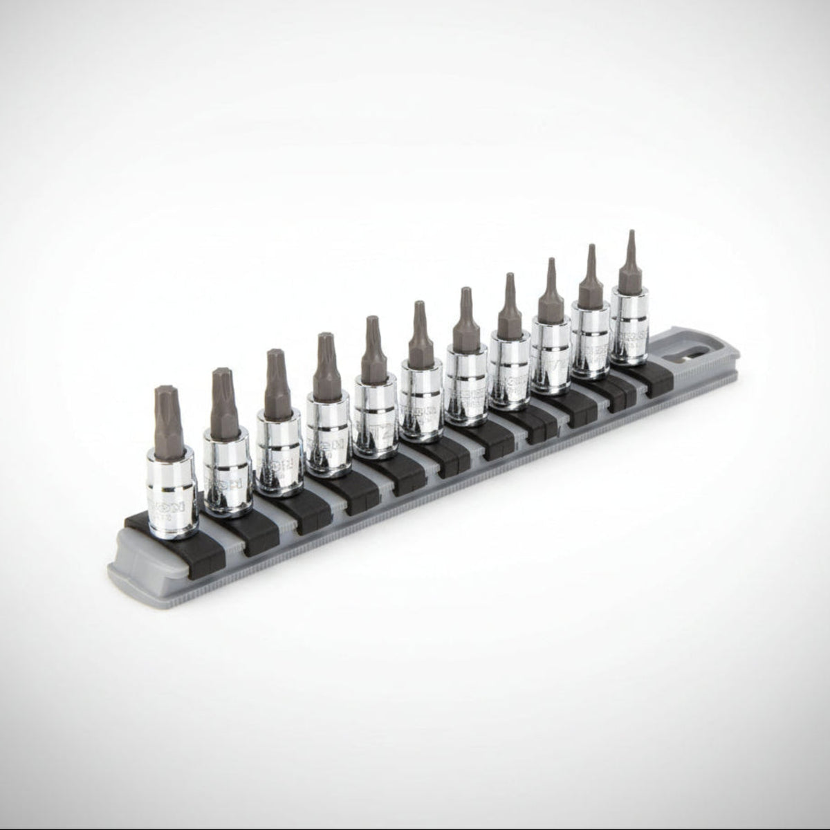 Tekton SHB90103 10-piece 1/4-inch drive Torx bit socket set mounted on a red twist-to-lock organizer rail.