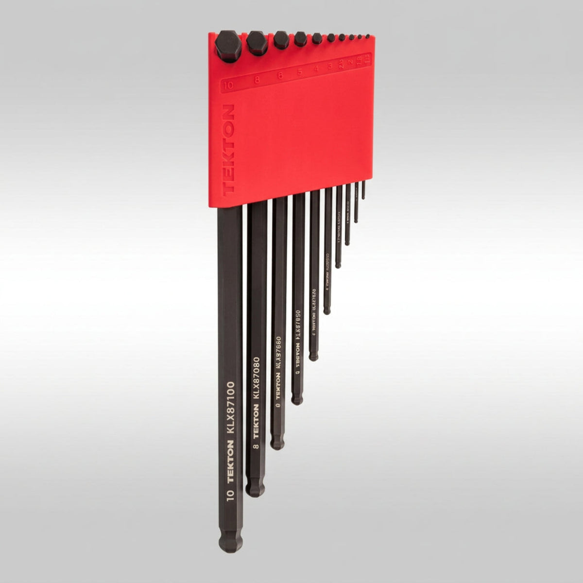 Tekton short arm ball end metric hex l-key set in compact hinged storage holder.