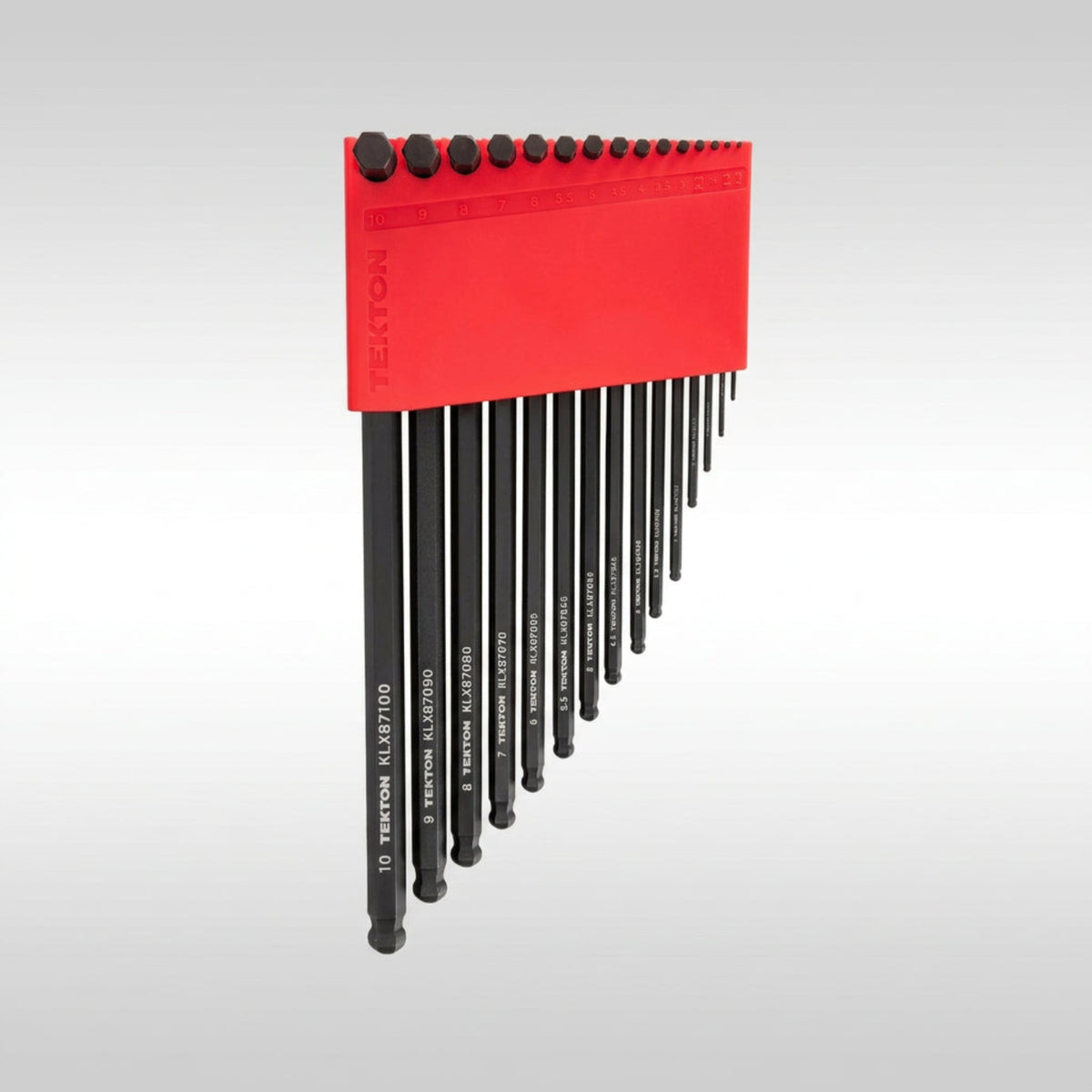 Tekton short arm ball end metric hex l-key set in compact storage holder.