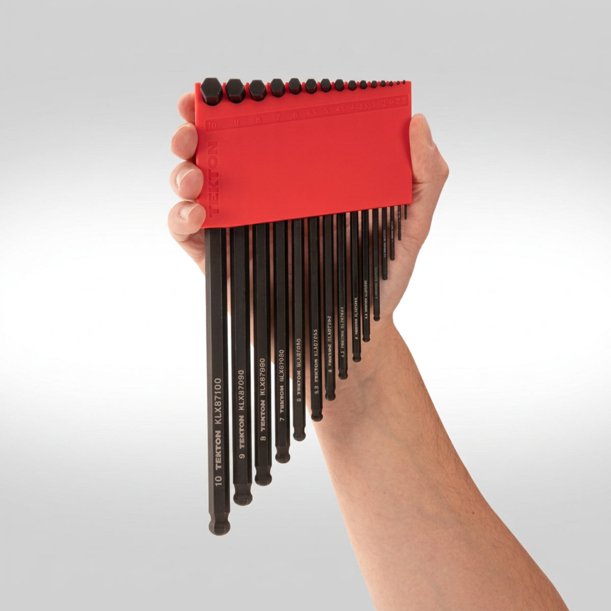 Tekton short arm ball end metric hex l-key set in compact storage holder.