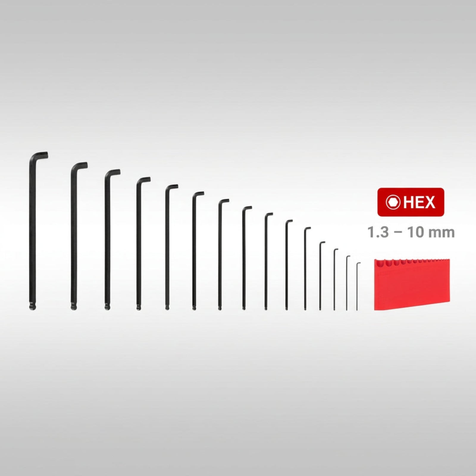 Tekton short arm ball end metric hex l-key set in compact hinged storage holder.