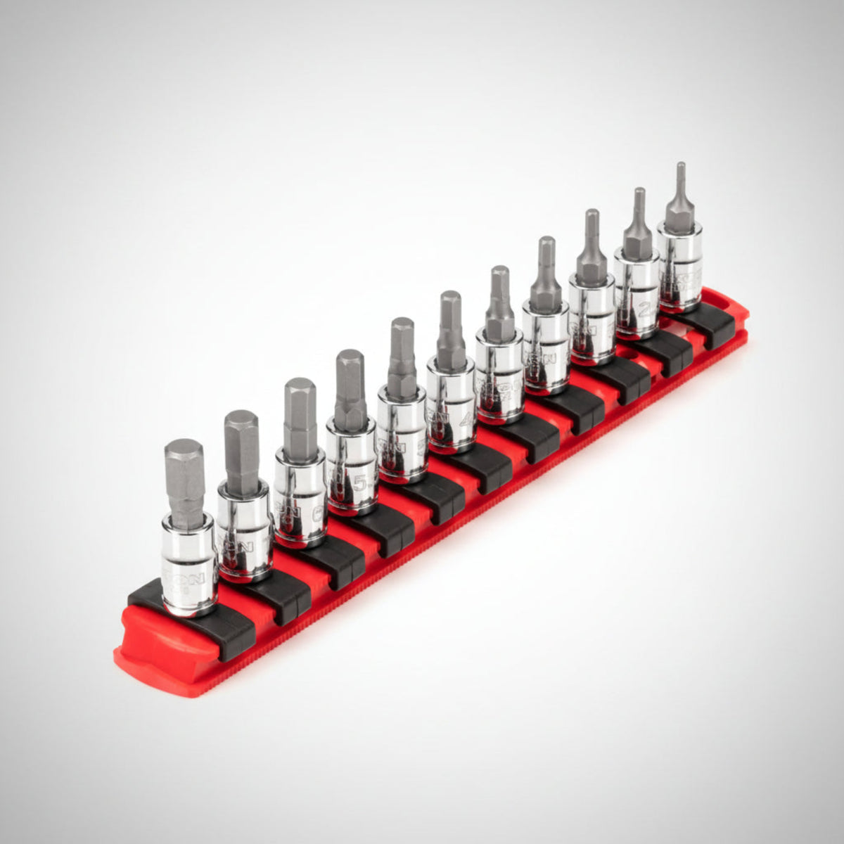 Tekton SHB90106 11-piece 1/4-inch drive metric hex bit socket set mounted on a red twist-to-lock organizer rail.