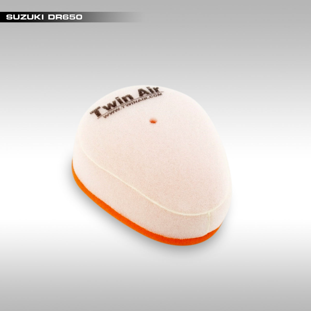A beige and orange Twin Air air filter for Suzuki DR650 motorcycles.