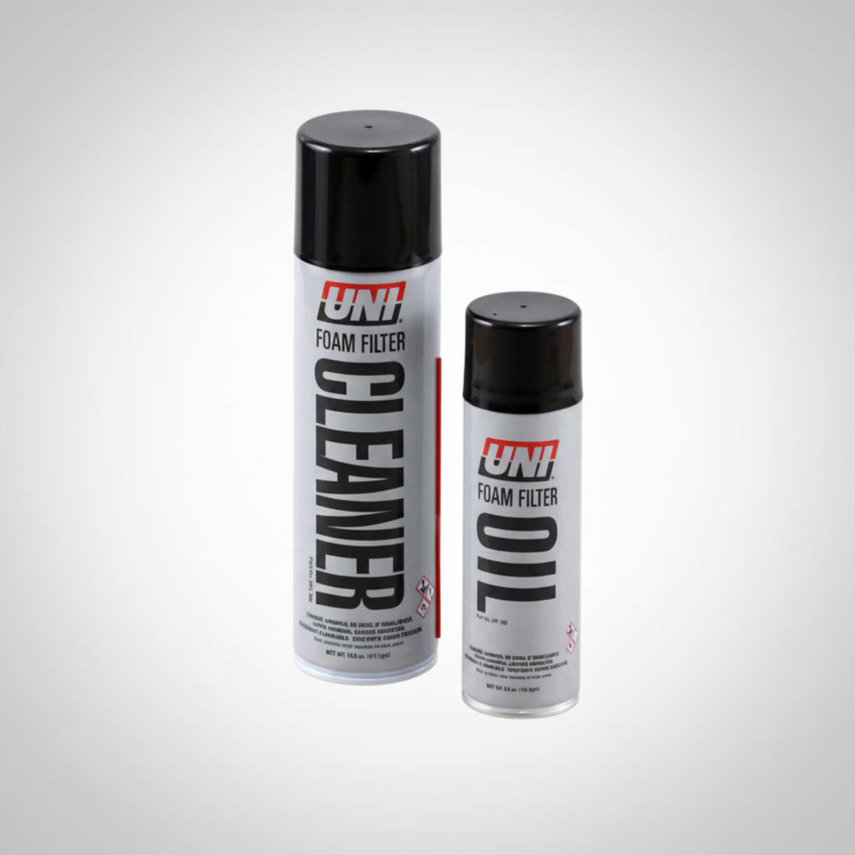 UNI Air Filter Service Kit UFM-400 showing aerosol cans of cleaner and filter oil.