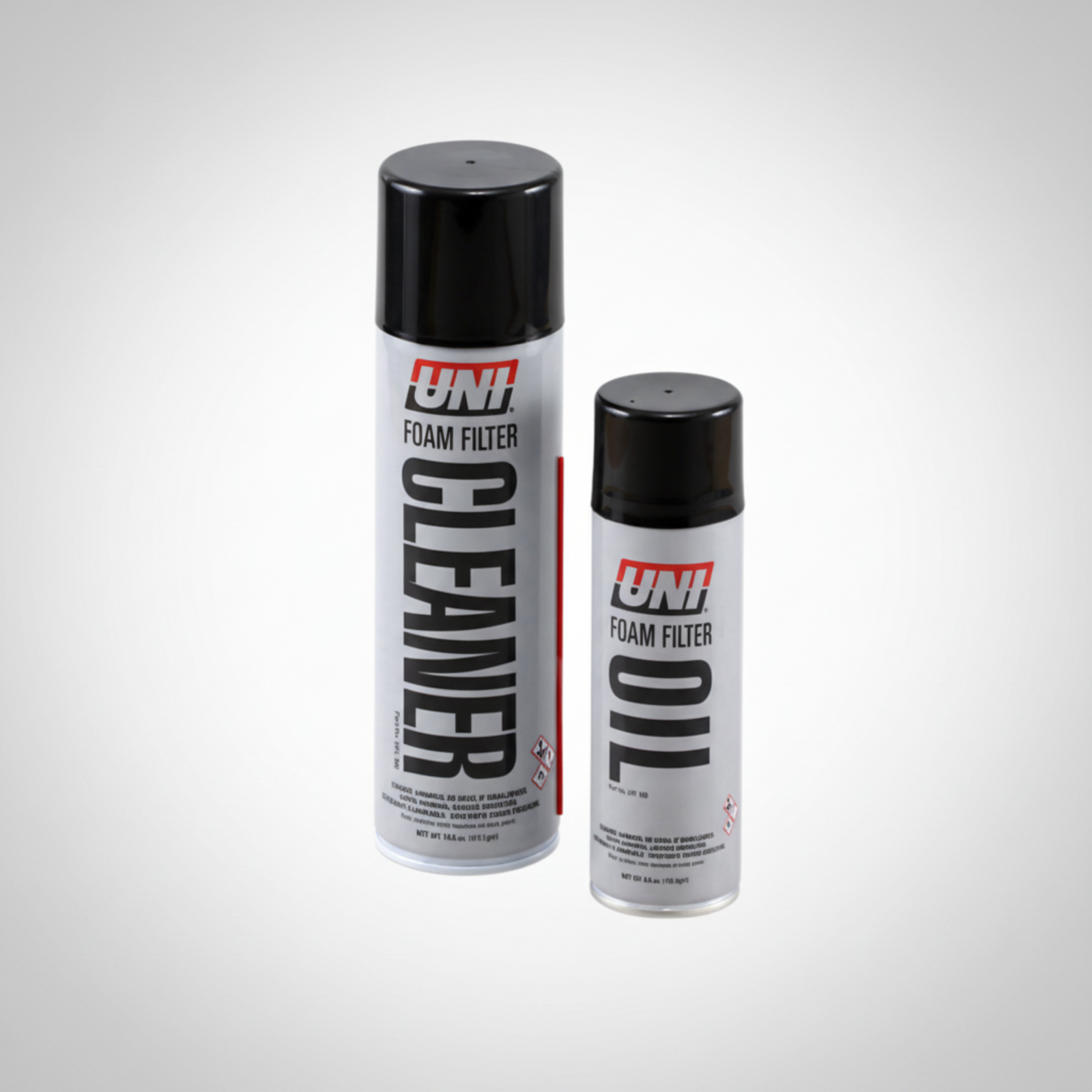 UNI Air Filter Service Kit UFM-400 showing aerosol cans of cleaner and filter oil.